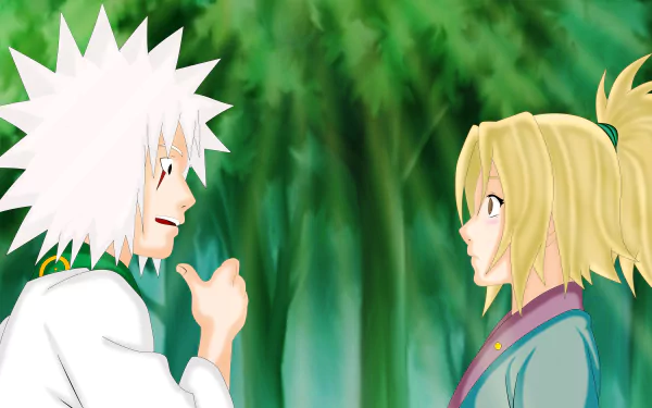 4K Ultra HD anime wallpaper featuring Tsunade and Jiraiya from Naruto in a vibrant bamboo forest background.