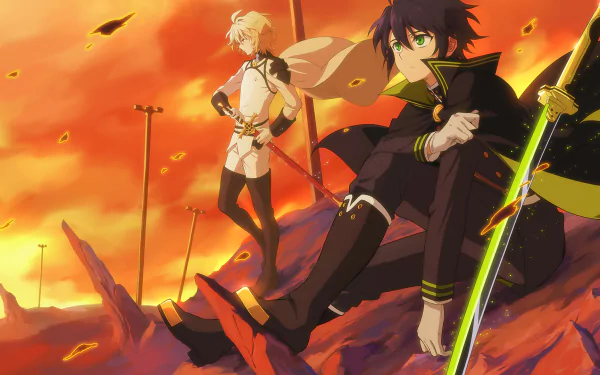 HD desktop wallpaper and background featuring anime characters Yūichirō Hyakuya and Mikaela Hyakuya from Seraph of the End, set against a dramatic, fiery sunset.