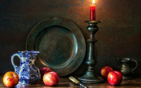 Photography Still Life Plate Pitcher Nectarine Candle HD Wallpaper | Background Image
