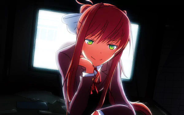 HD desktop wallpaper featuring Monika from the video game Doki Doki Literature Club!, with a mysterious, introspective expression, highlighted by a dark background and a glowing screen.