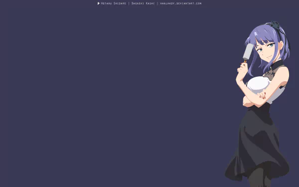 Minimalist 4K Ultra HD anime wallpaper featuring Shidare Hotaru from Dagashi Kashi with purple hair, blue eyes, headband, black skirt, and pantyhose on a dark background.
