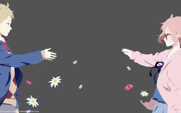 Akihito Kanbara and Mirai Kuriyama from anime Beyond the Boundary reaching toward each other across a dark backdrop with scattered flowers — 5K Ultra HD PC desktop wallpaper.
