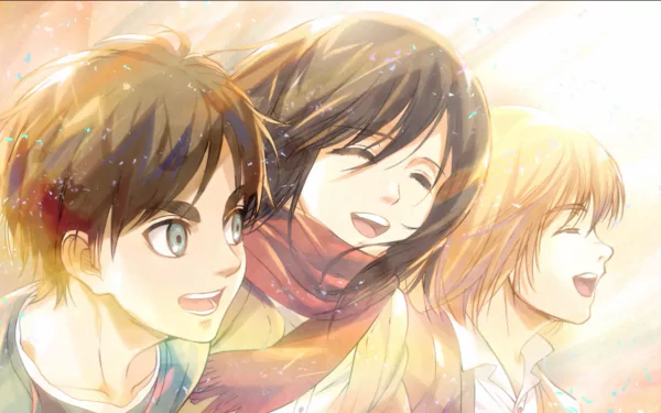 Anime HD desktop wallpaper featuring Eren Yeager, Mikasa Ackerman, and Armin Arlert from Attack on Titan, smiling brightly against a colorful, radiant background.