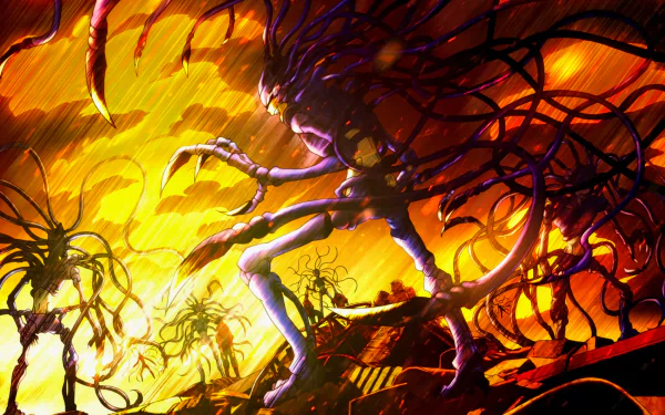 HD PC desktop wallpaper featuring intense, dynamic anime artwork inspired by Cells at Work!, showcasing tangled, organic forms in fiery orange and yellow hues.