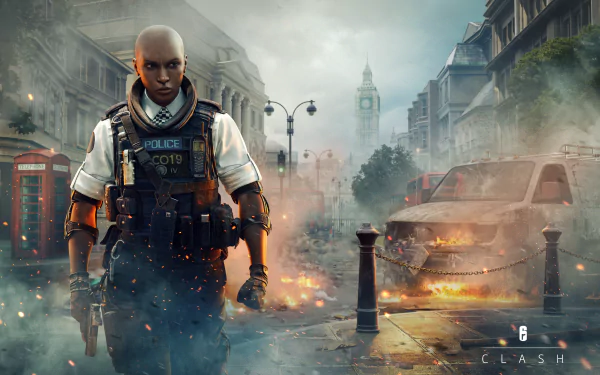 Clash from Tom Clancy's Rainbow Six: Siege stands in a smoky, battle-damaged urban street, featured in an 8K Ultra HD PC desktop wallpaper background.