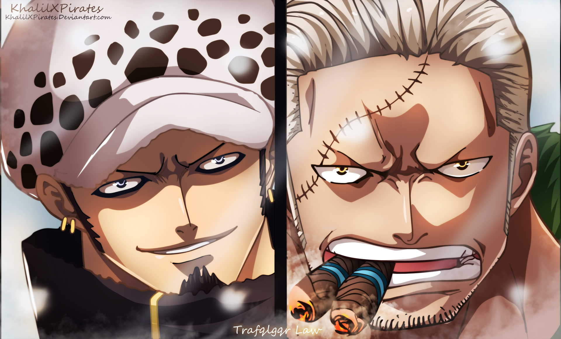 2K Quad HD PC desktop wallpaper/background: split anime portrait of One Piece's Trafalgar Law (left) and Smoker (right), fierce expressions with smoke effects.