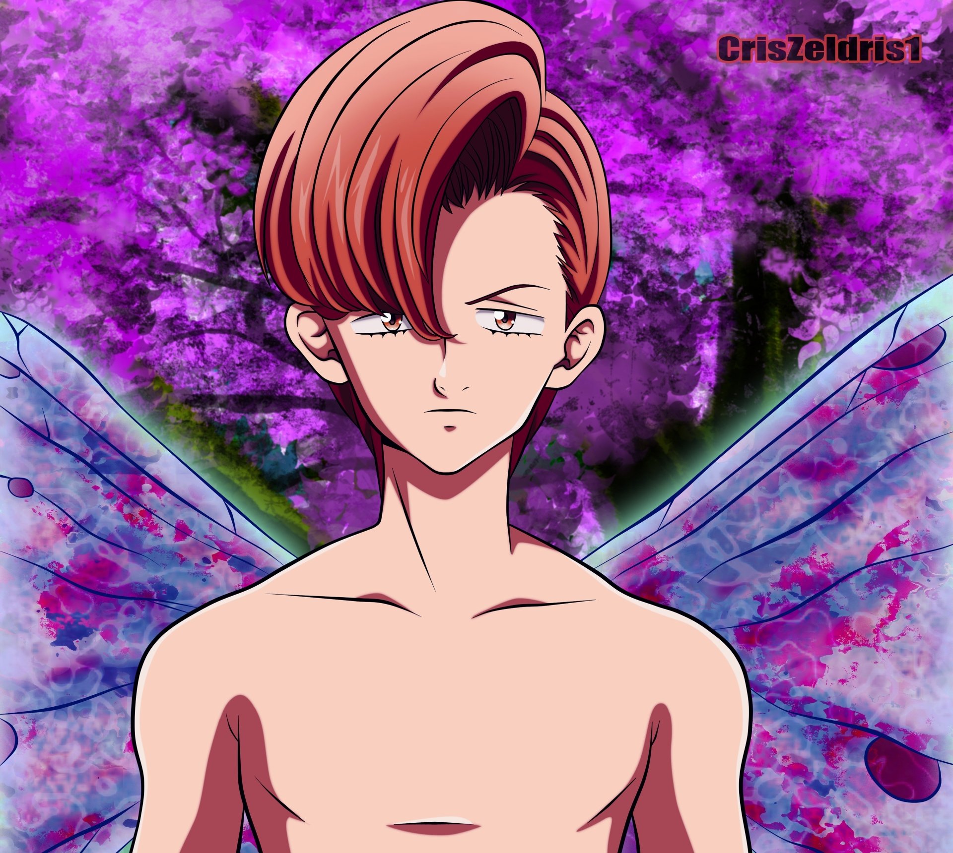 King (The Seven Deadly Sins) with translucent fairy wings standing before vibrant purple blossom trees — anime 4K Ultra HD PC desktop wallpaper background.