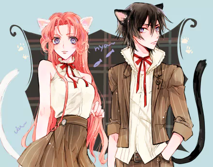 Anime-style HD desktop wallpaper featuring Lelouch Lamperouge and Euphemia Li Britannia from Code Geass with cat ears and playful expressions.