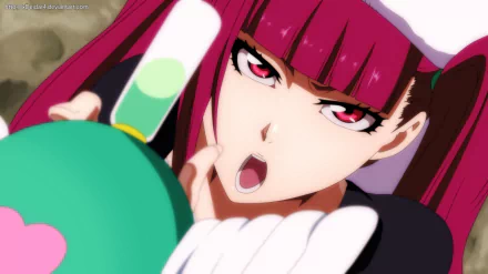 Riruka Dokugamine from Bleach in an HD PC desktop wallpaper background — close-up of her magenta hair and red eyes as she holds a green vial, mouth open mid-speech.
