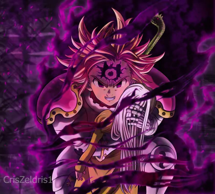 HD desktop wallpaper featuring Meliodas from The Seven Deadly Sins anime, surrounded by a dark aura, with intense colors and dramatic elements.