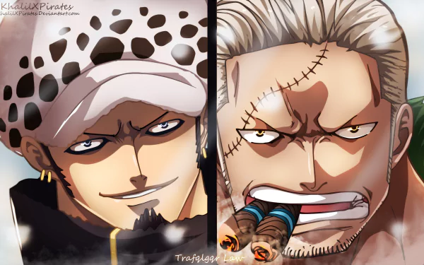 2K Quad HD PC desktop wallpaper/background: split anime portrait of One Piece's Trafalgar Law (left) and Smoker (right), fierce expressions with smoke effects.