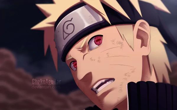 HD desktop wallpaper of Naruto Uzumaki with red eyes and a blonde headband, from the anime Naruto, depicted in a dramatic close-up.
