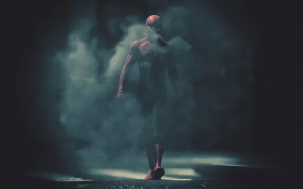 Spider-Man from the PS4 video game emerges through swirling smoke in a dramatic 4K Ultra HD PC desktop wallpaper.