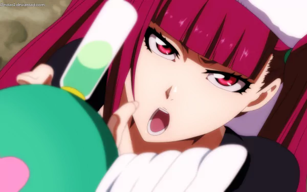 Riruka Dokugamine from Bleach in an HD PC desktop wallpaper background — close-up of her magenta hair and red eyes as she holds a green vial, mouth open mid-speech.