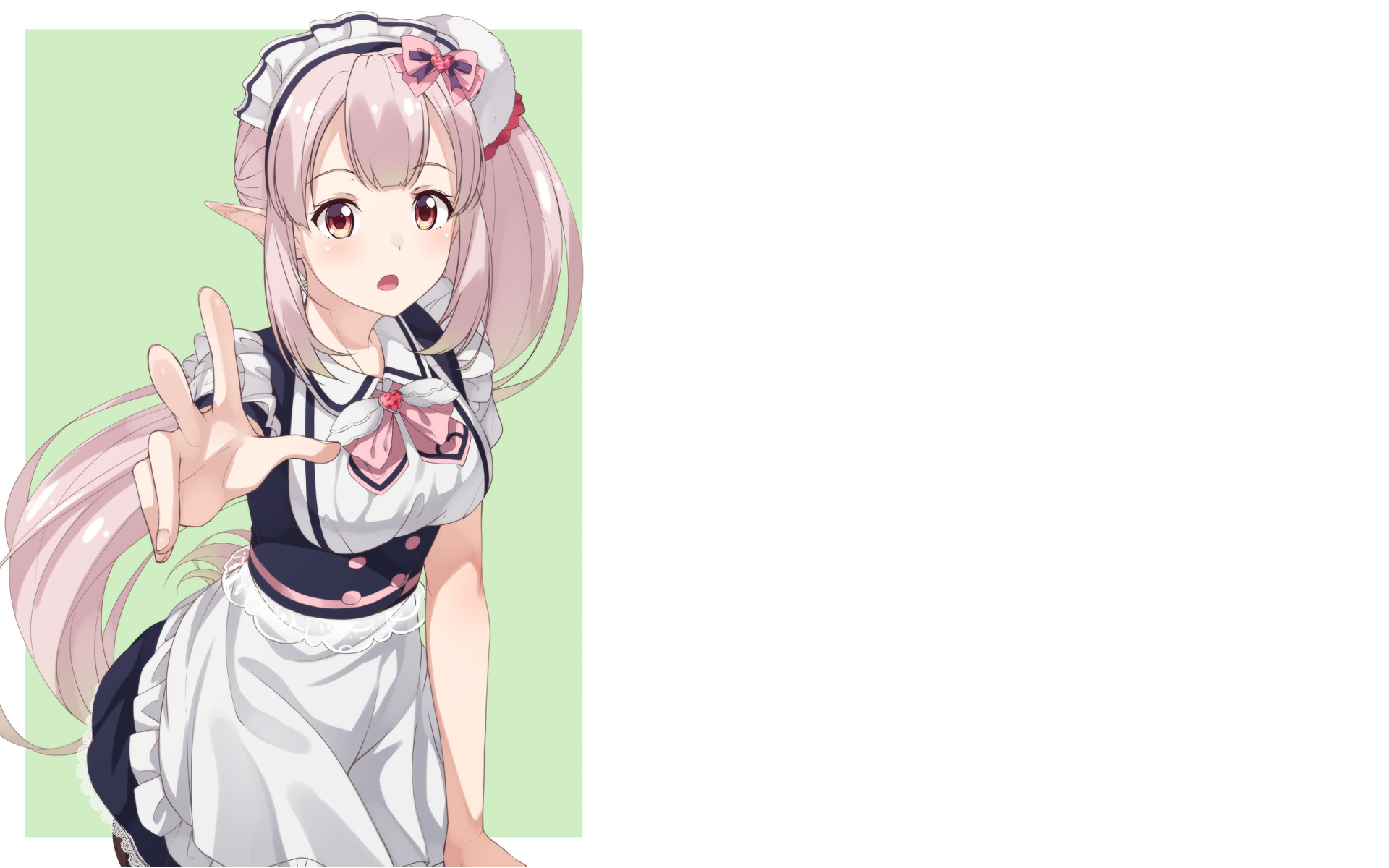 Nijisanji anime Virtual Youtuber maid with pink twin-tails reaching out against a soft green backdrop — HD PC desktop wallpaper background.