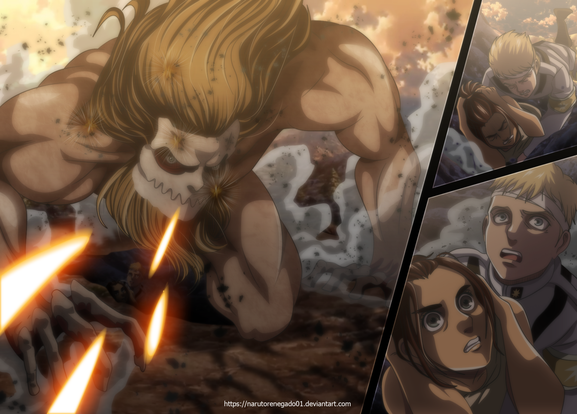 thunderbolt, anime, fire, anime boys, Shingeki no Kyojin, Colossal Titan,  Armored Titan