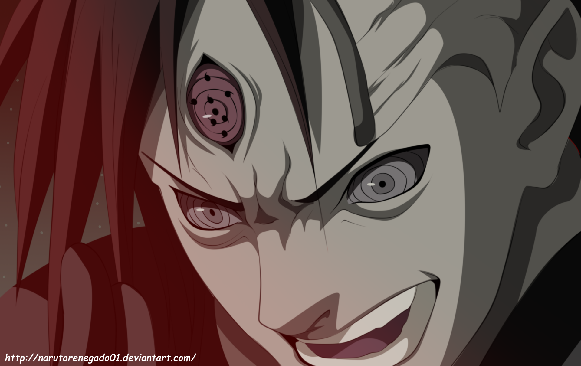 Close-up of Madara Uchiha from Naruto, smirking with Sharingan and Rinnegan eyes; dramatic red lighting — 4K Ultra HD anime PC desktop wallpaper/background.