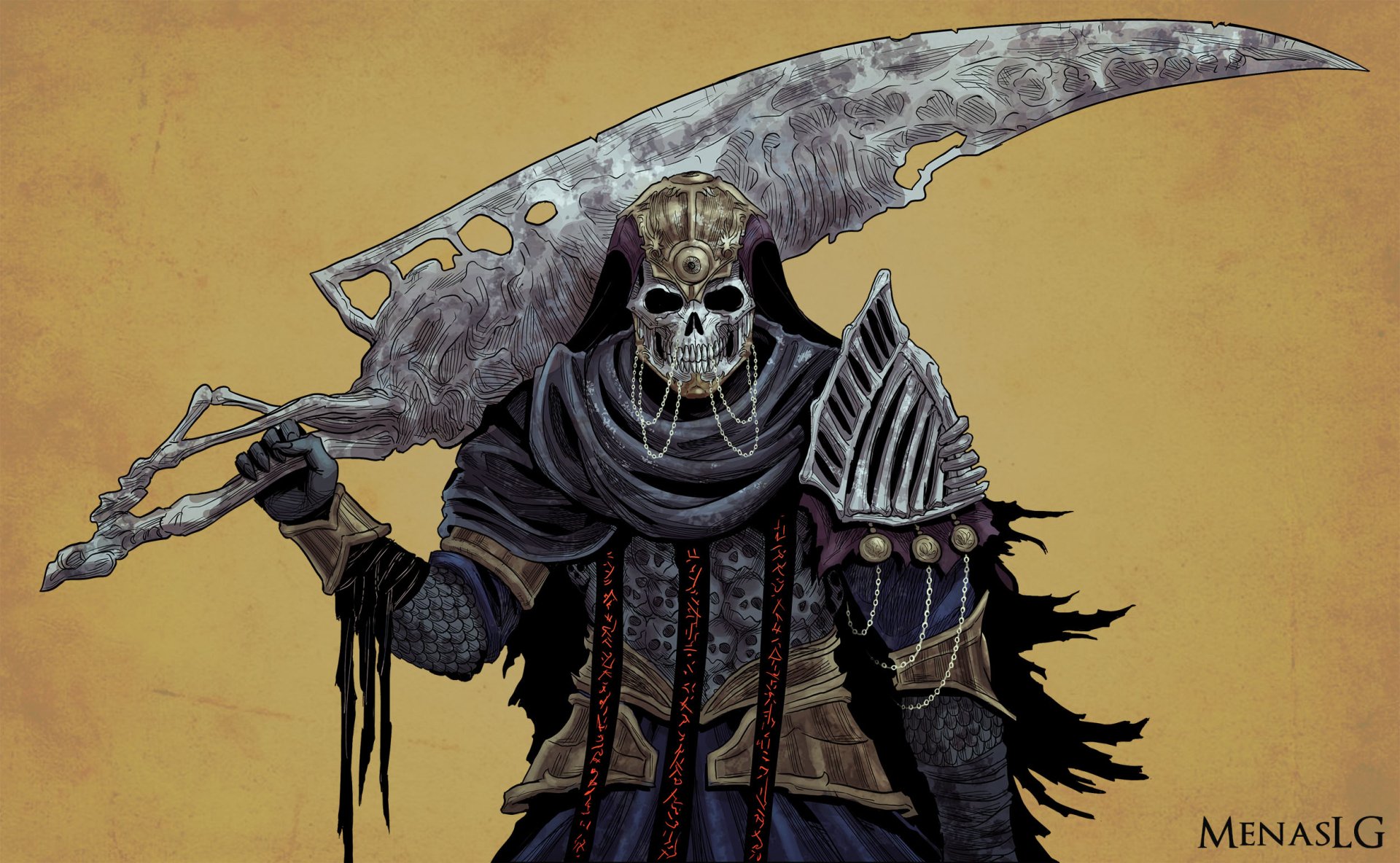 Dark warrior in intricate armor wearing a skull mask, holding a massive, jagged sword, set against a muted background. HD PC desktop wallpaper.