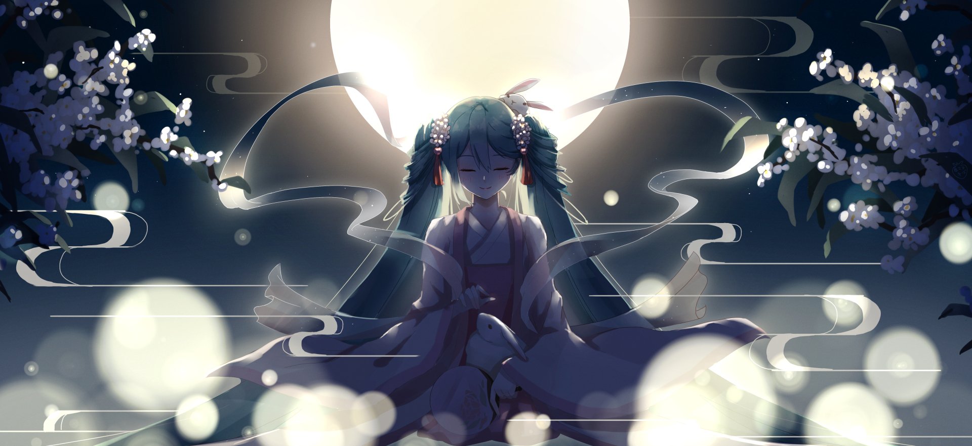 4K Ultra HD anime desktop wallpaper featuring Hatsune Miku from Vocaloid, depicted in a serene pose with a glowing full moon and soft light effects.