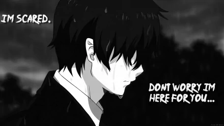 HD desktop wallpaper featuring Rin Okumura from Ao No Exorcist, a dark and sad anime theme. The image shows Rin with black hair, looking down with a tear, accompanied by text: Don't worry, I'm here for you.