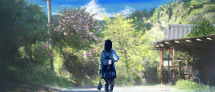 Anime-inspired HD desktop wallpaper showing a serene scene of a girl with a backpack walking along a sunlit path, surrounded by lush greenery and a traditional building.