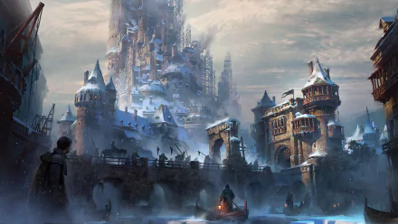 Fantasy-themed HD desktop wallpaper featuring a majestic castle with towering spires, set in a foggy landscape with intricate details and snow-covered rooftops.
