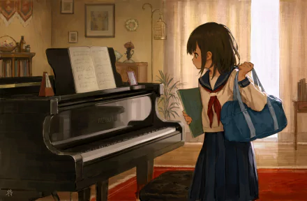An anime girl with brown hair and a school uniform holds a book and a bag, standing beside a grand piano in a warmly lit room. The scene is detailed and serves as an HD desktop wallpaper and background.