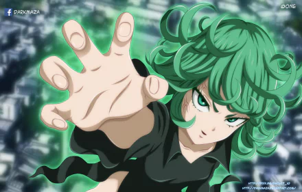 HD PC desktop wallpaper featuring Tatsumaki from One-Punch Man reaching forward with her hand, set against a blurred cityscape background in vibrant anime style.