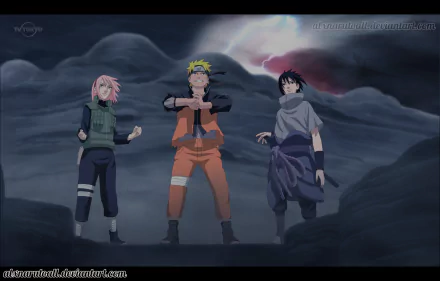 HD PC desktop wallpaper featuring anime characters Naruto Uzumaki, Sasuke Uchiha, and Sakura Haruno from Naruto, standing together under a cloudy night sky.