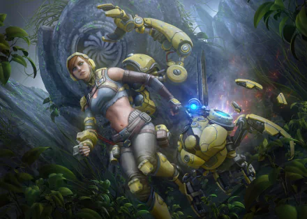 Paragon video game 5K Ultra HD PC desktop wallpaper and background: armored female explorer beside a yellow companion robot in a lush, mossy mechanical jungle.