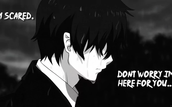 HD desktop wallpaper featuring Rin Okumura from Ao No Exorcist, a dark and sad anime theme. The image shows Rin with black hair, looking down with a tear, accompanied by text: Don't worry, I'm here for you.