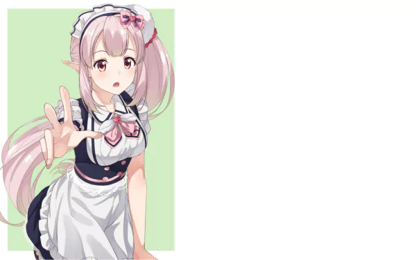 Nijisanji anime Virtual Youtuber maid with pink twin-tails reaching out against a soft green backdrop — HD PC desktop wallpaper background.