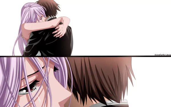 HD PC wallpaper featuring Moka Akashiya and Tsukune Aono embracing from the anime Rosario + Vampire, showcasing a close, emotional moment between the characters.