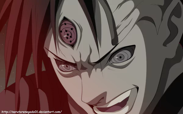 Close-up of Madara Uchiha from Naruto, smirking with Sharingan and Rinnegan eyes; dramatic red lighting — 4K Ultra HD anime PC desktop wallpaper/background.