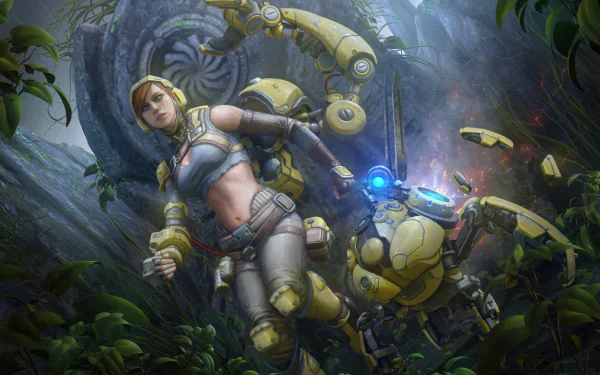 Paragon video game 5K Ultra HD PC desktop wallpaper and background: armored female explorer beside a yellow companion robot in a lush, mossy mechanical jungle.