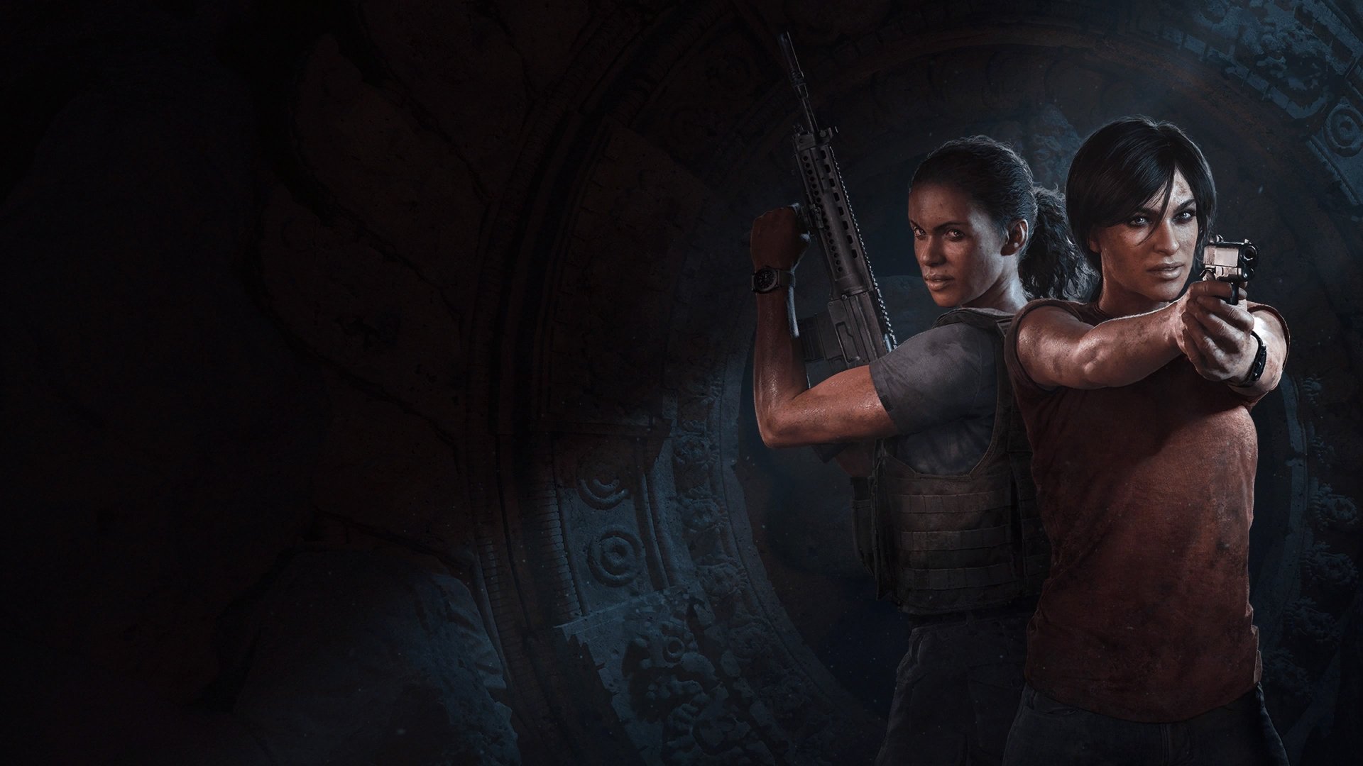 Chloe Frazer and Nadine Ross stand back-to-back, aiming guns in a dim cavern — Uncharted: The Lost Legacy 4K Ultra HD PC desktop wallpaper.