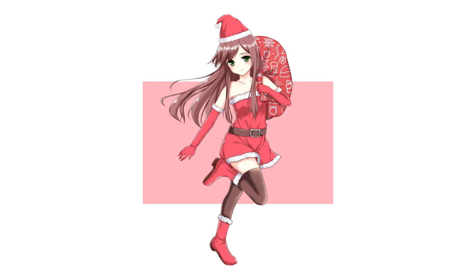 HD anime Christmas desktop wallpaper featuring a girl in a festive Santa outfit holding a red sack, set against a pink rectangular background.