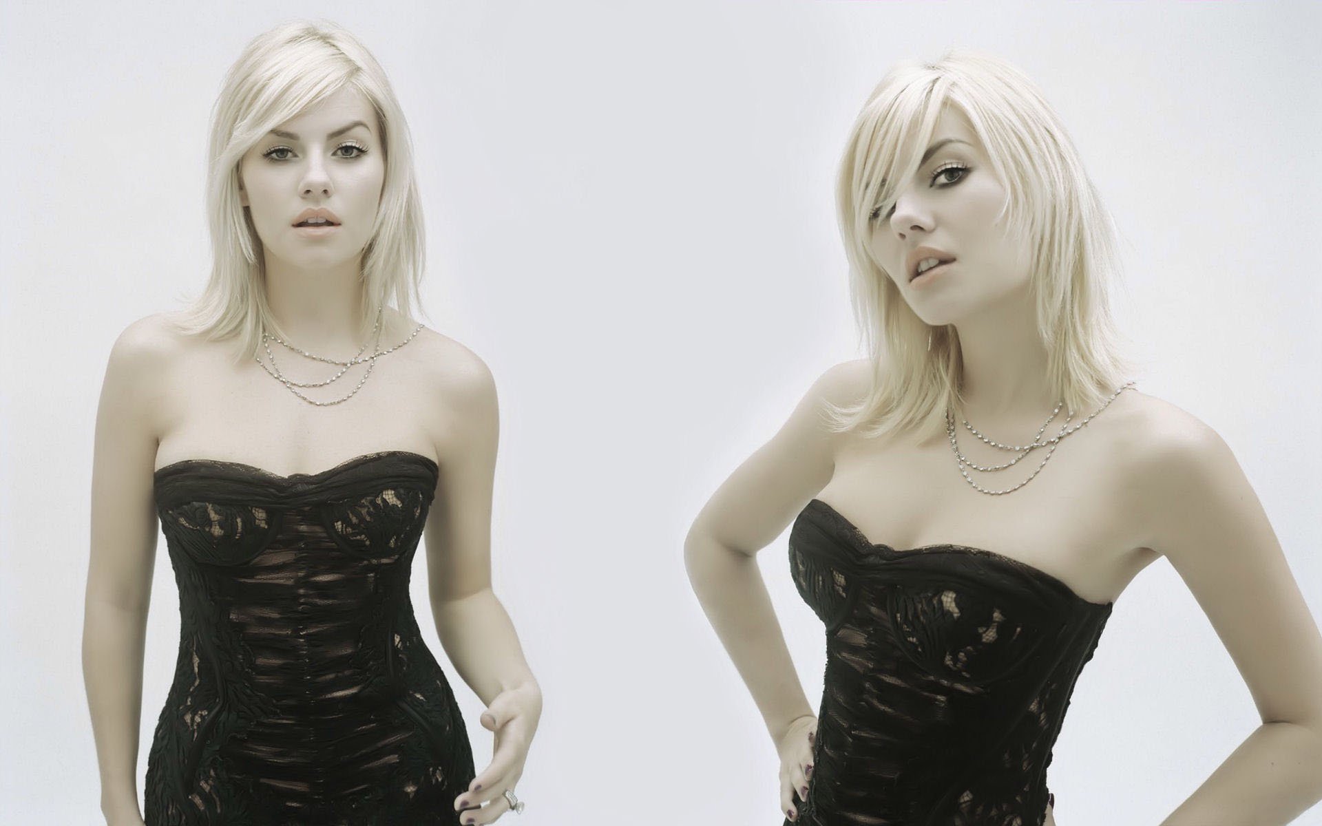 HD desktop wallpaper featuring celebrity Elisha Cuthbert in a black lace dress, with dual images of her posing against a light background.