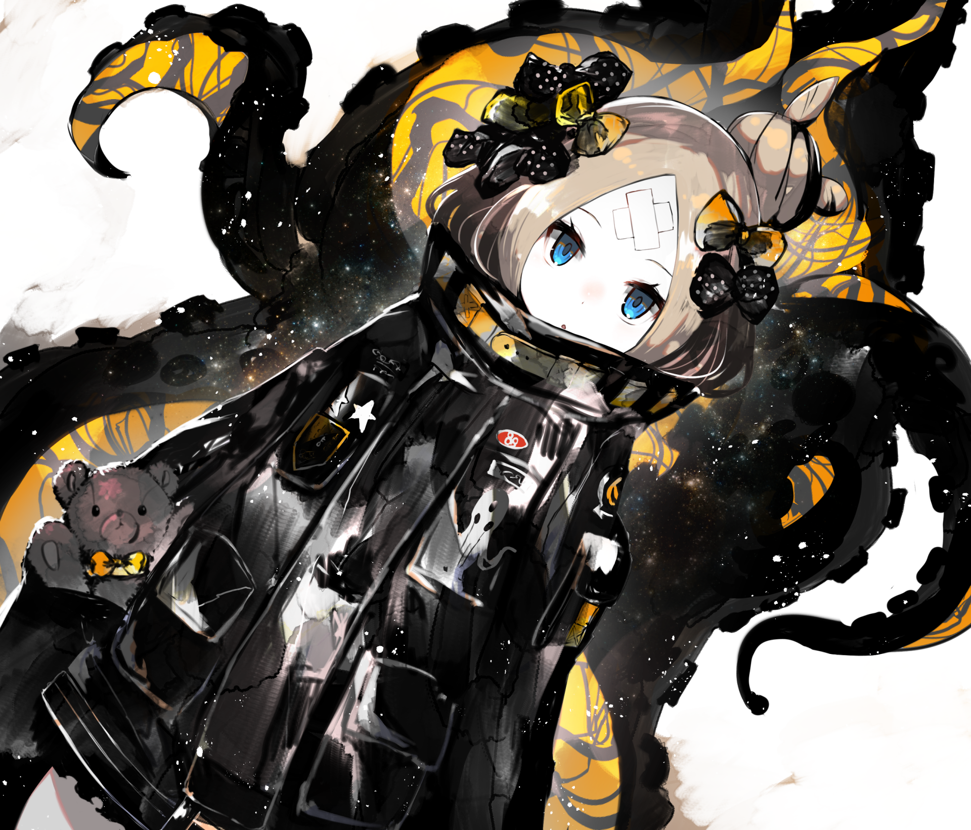 HD PC desktop wallpaper featuring Abigail Williams from Fate/Grand Order in detailed anime style with dark, cosmic-themed background elements.