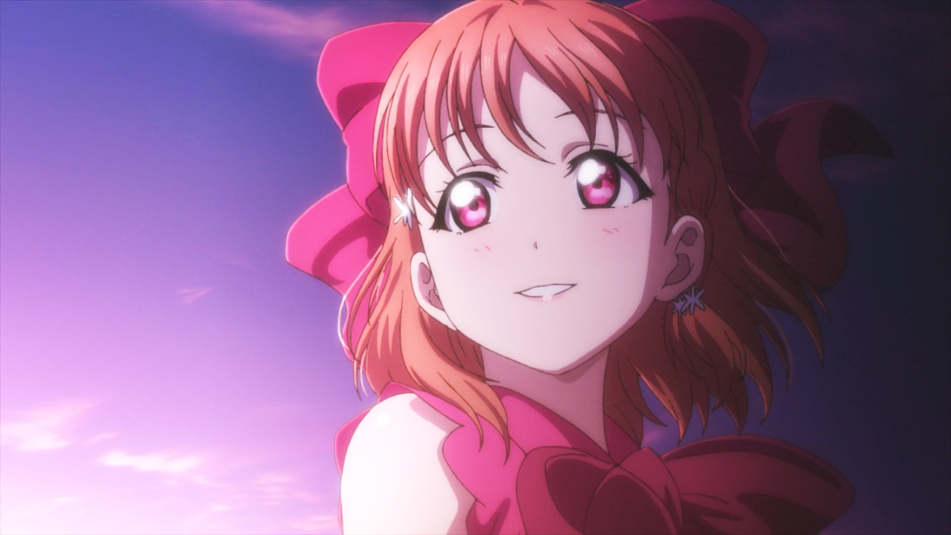 Chika Takami (Love Live! Sunshine!!) anime portrait, smiling toward a purple-pink sunset sky — vibrant HD PC desktop wallpaper/background.