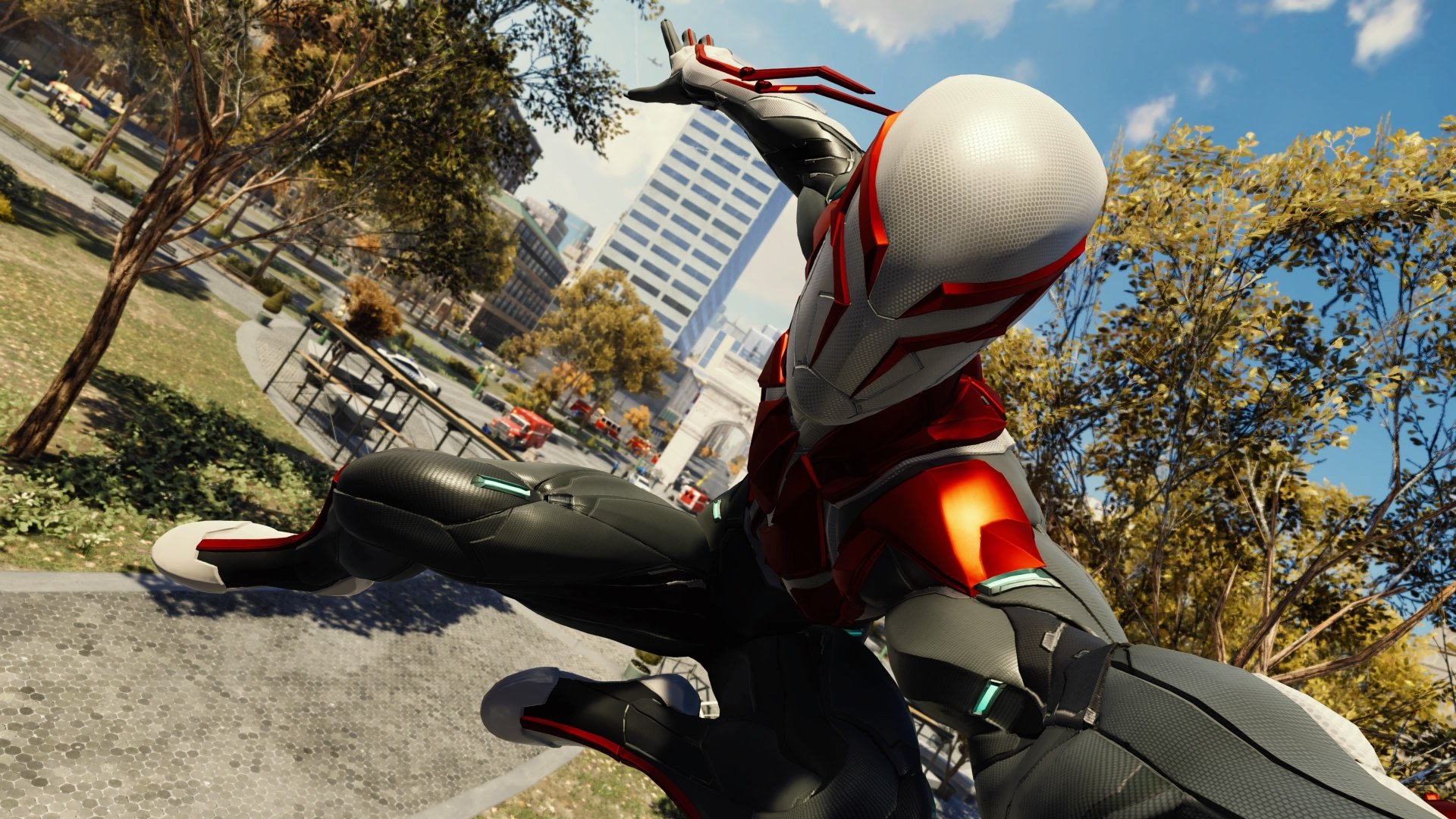 Spider-Man (PS4) in a white-and-red advanced suit lunging at the camera over a city park — 4K Ultra HD PC desktop wallpaper/background from the video game.