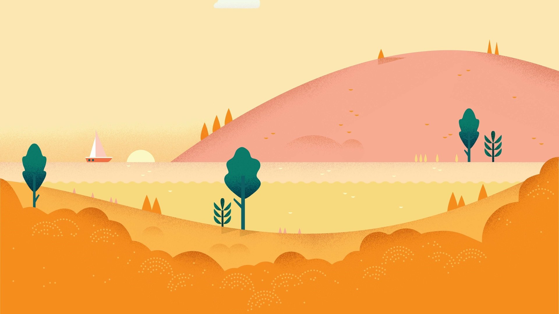 4K Ultra HD PC desktop wallpaper featuring a minimalistic, pastel-colored landscape inspired by the video game Sketch Up!, with rolling hills, trees, and a sailboat.