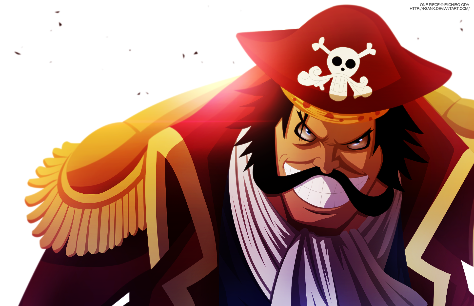 Gol D. Roger from One Piece — fierce anime pirate captain in a red hat with skull emblem, bold colors and dramatic lighting; 2K Quad HD PC desktop wallpaper background.