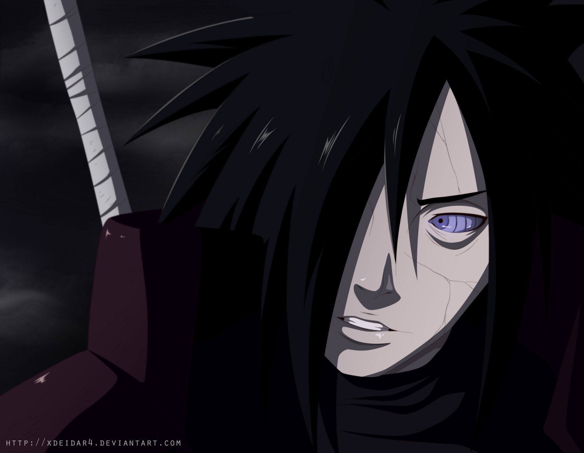 HD PC desktop wallpaper featuring Madara Uchiha from the anime Naruto, showcasing his intense gaze and iconic Sharingan eye.