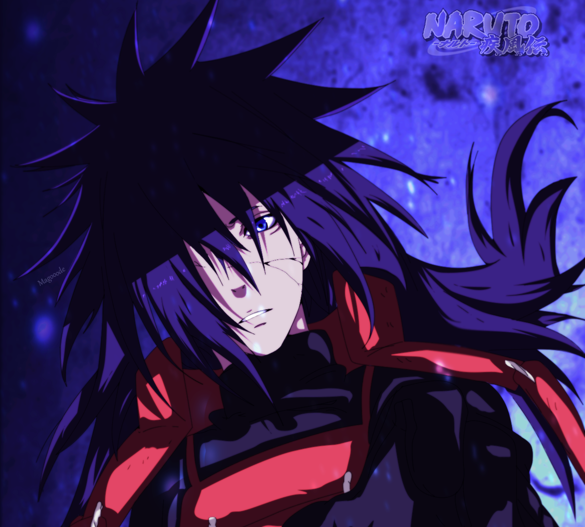 HD PC desktop wallpaper/background of Madara Uchiha (Anime, Naruto): dark-haired Uchiha with piercing eyes and flowing cloak against a moody purple backdrop.