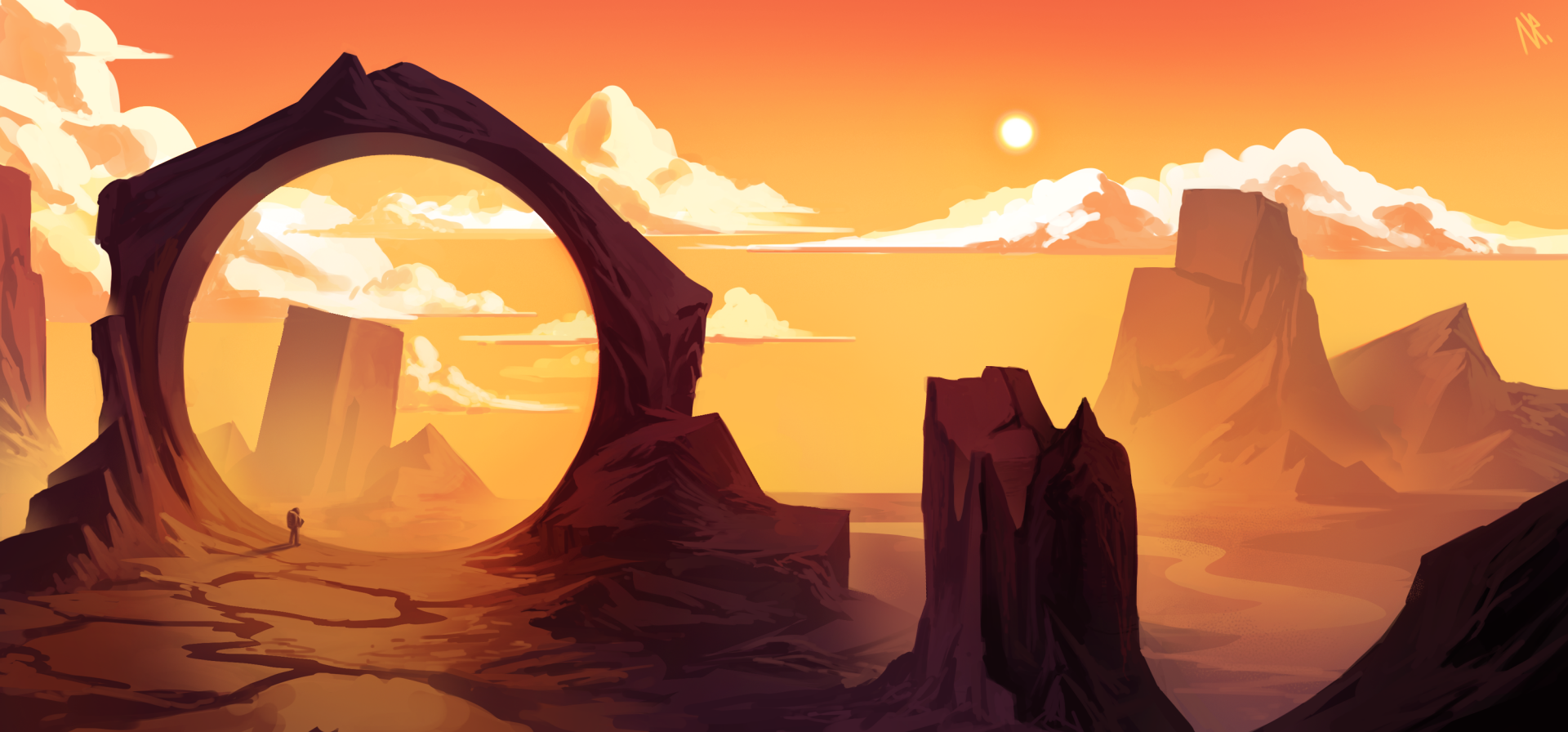 HD sci-fi desktop wallpaper depicting an astronaut exploring an alien desert landscape with towering rock formations and a large circular stone arch at sunset.