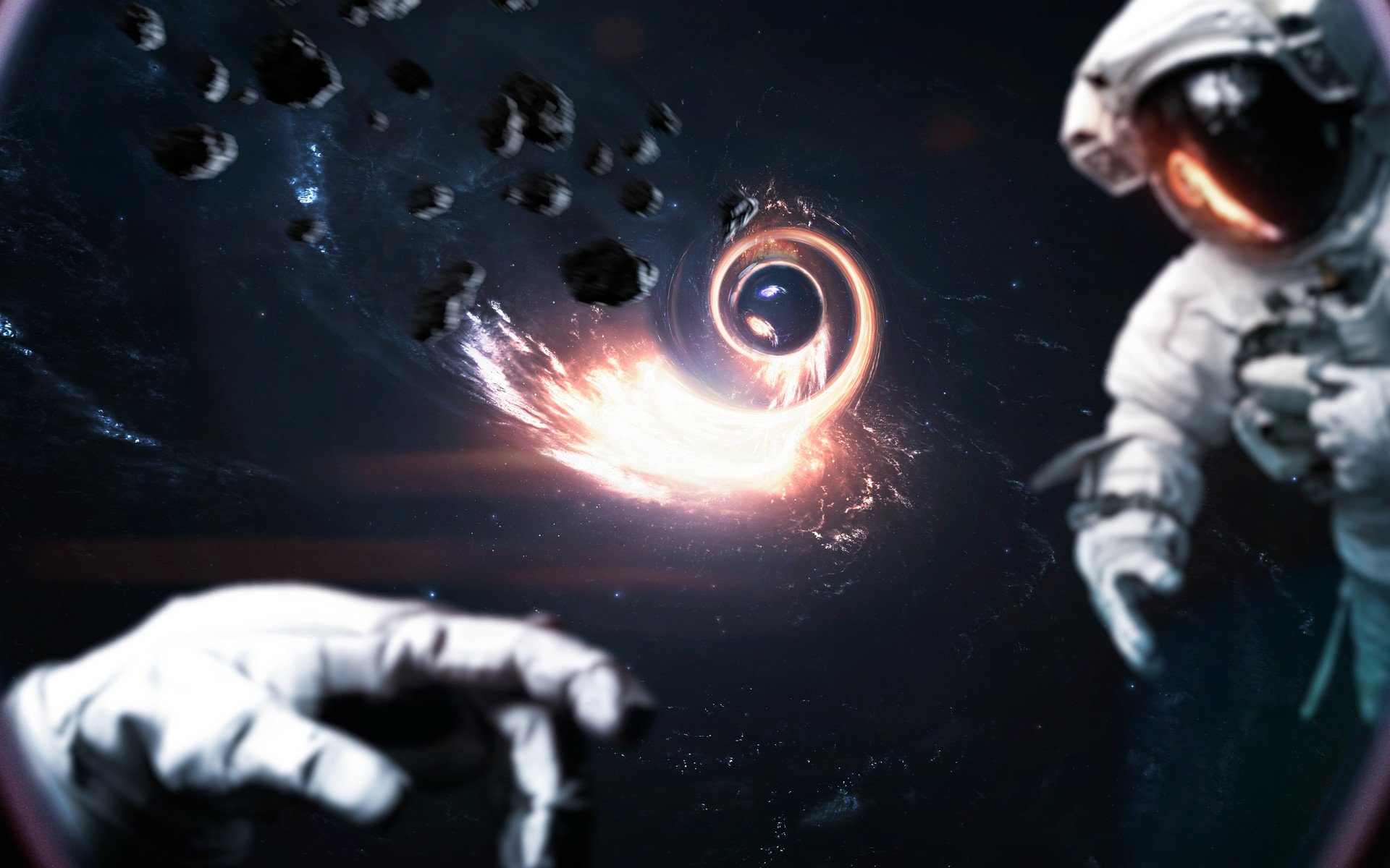 HD Sci-Fi desktop wallpaper showing an astronaut near a glowing wormhole amid floating debris in deep space.