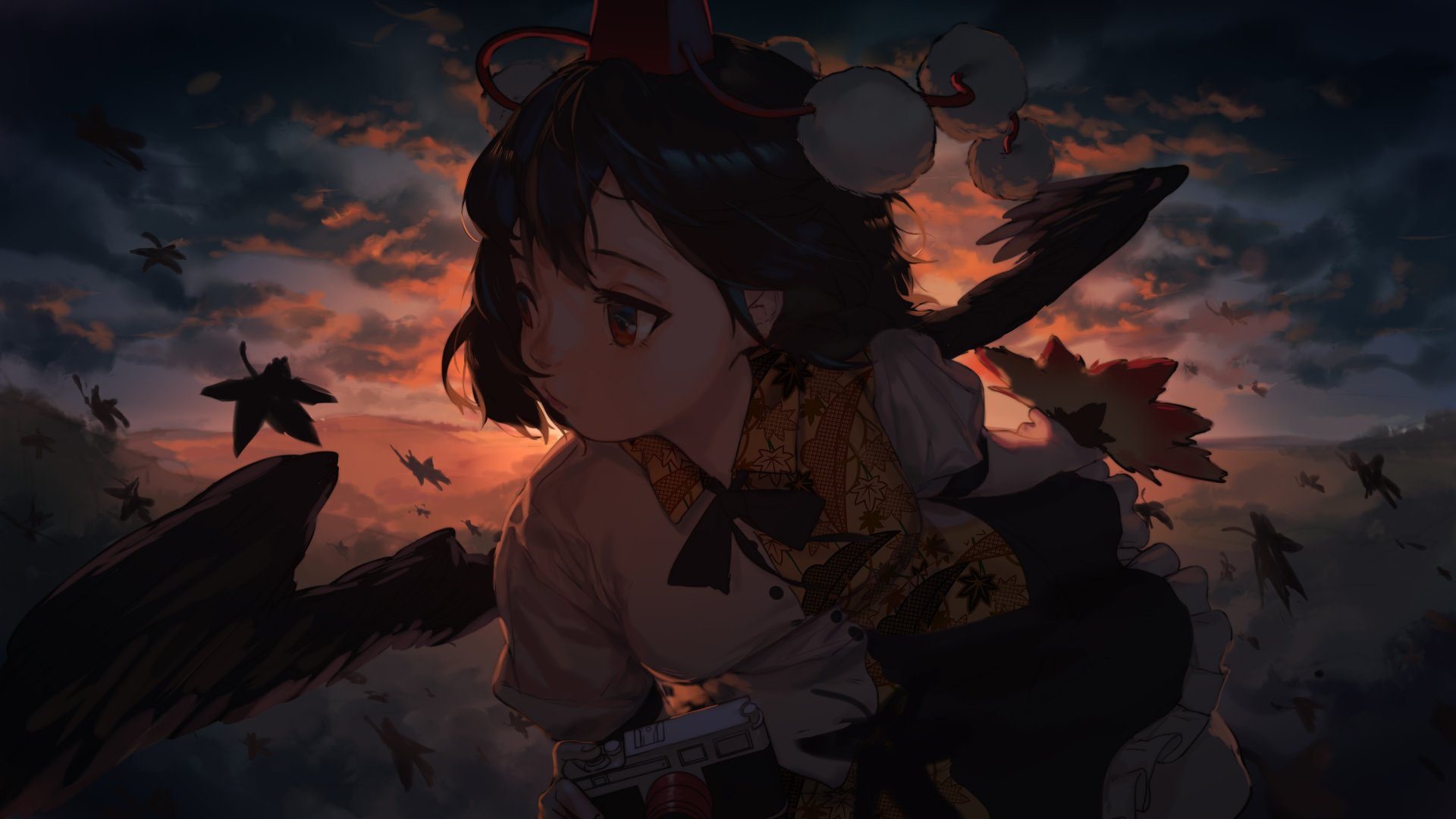 Aya Shameimaru from Touhou is depicted in a dramatic anime-style 4K Ultra HD desktop wallpaper, set against a moody sky with floating autumn leaves.