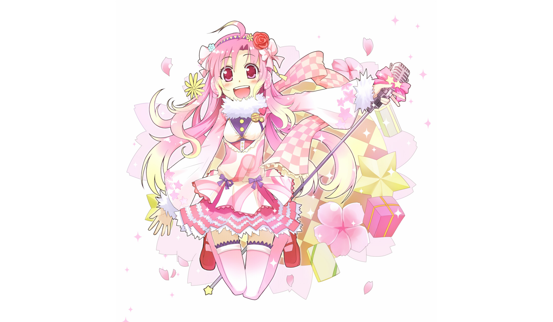 Anime Original HD PC desktop wallpaper: cheerful pink-haired magical girl in frilly pink outfit and ribbons, holding a star-topped staff amid cherry blossoms and pastel geometric shapes.