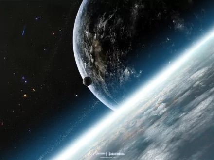Sci-fi planetscape HD wallpaper, featuring a close-up view of a planet with a smaller moon in space, surrounded by stars.